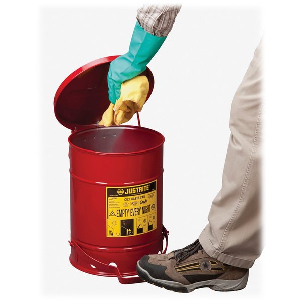 Oily Waste Can, 21 Gallon Capacity, Galvanized Steel, Red, Foot Operated Self Closing