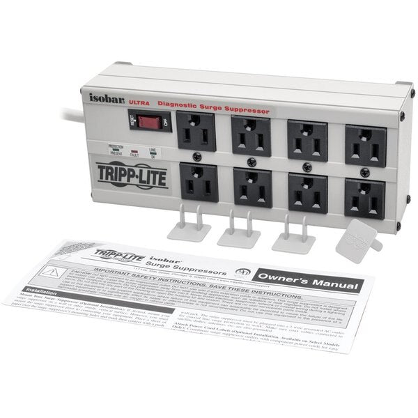 Surge Protector Strip, 8 Outlet, Gray