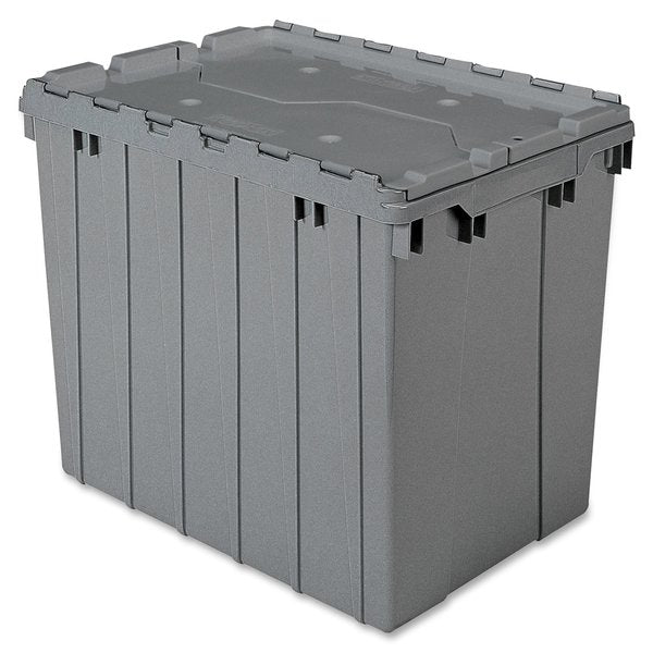 17 gal Attached Lid Container, Gray, Plastic, Steel Hinge