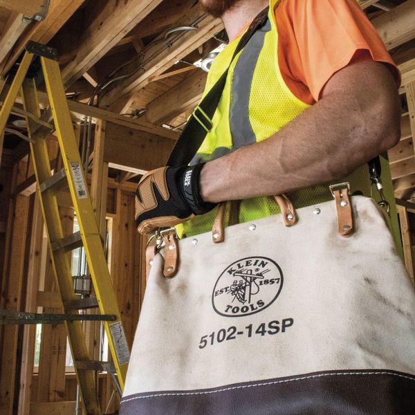 Wide-Mouth Tool Bag, Heavy Duty Canvas, 10 Pockets, Brown/Tan