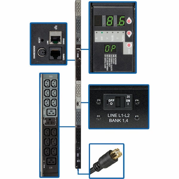 PDU, 3-Ph, Monitored, 8.6kW, C13/19, 5-15R, 0U