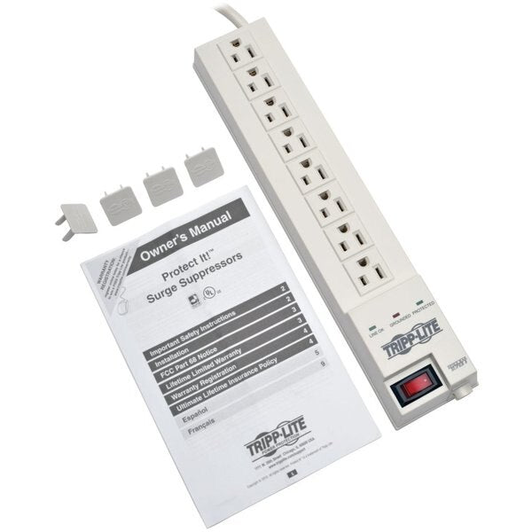 8 outlets, 8ft Cord, 1200 Joules, Holds