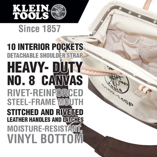 Wide-Mouth Tool Bag, Heavy Duty Canvas, 10 Pockets, Brown/Tan