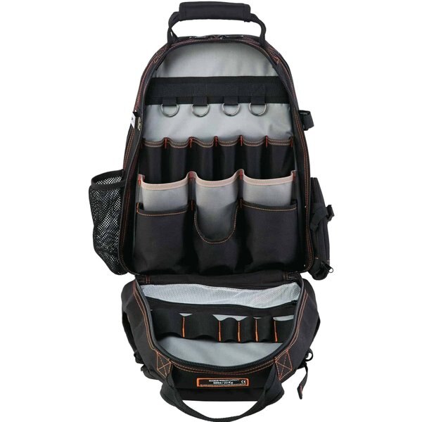 Tool Backpack Dual Compartment, Gray, 1200D Ballistic Polyester, 4 Molded ABS Plastic (Bases), Black