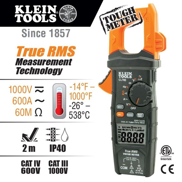 Clamp Meter, LCD, 600 A, 1.4 in (36 mm) Jaw Capacity, Cat IV 600V Safety Rating