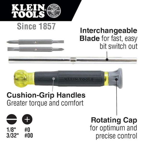 Multi-Bit Electronics Screwdriver Rotating, SAE, 4-In-1 #0, #00, 1/8 in, 3/32 in, 6 1/2 in L