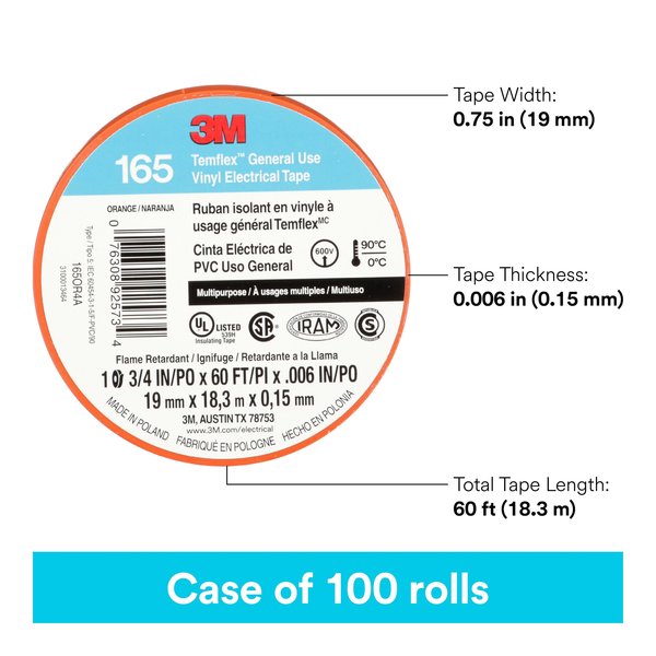 Elec Tape, 60 ft Lx3/4 in W, 6 mil, Orange