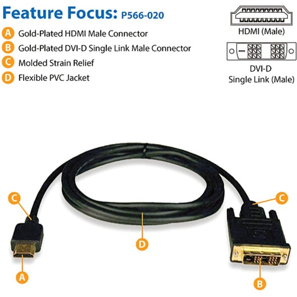 HDMI to DVI Cable, HDMI, DVI-D M/M, 20ft