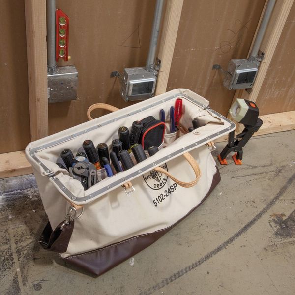 Wide-Mouth Tool Bag, Heavy Duty Canvas, 17 Pockets, Maroon/Tan