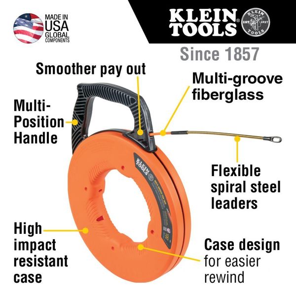 Multi-Groove Fiberglass Fish Tape with Spiral Steel Leader, 100-Foot