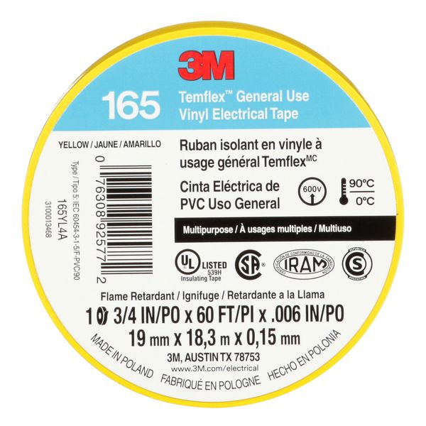 Elec Tape, 60 ft Lx3/4 in W, 6 mil, Yellow