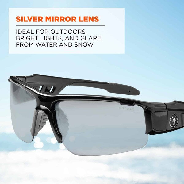 Safety Glasses, Traditional Silver Mirror PC Decenter Lens, Scratch-Resistant