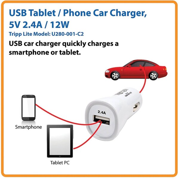 USB Car Tablet Charger, 5V, 2.4A/12W, 1port