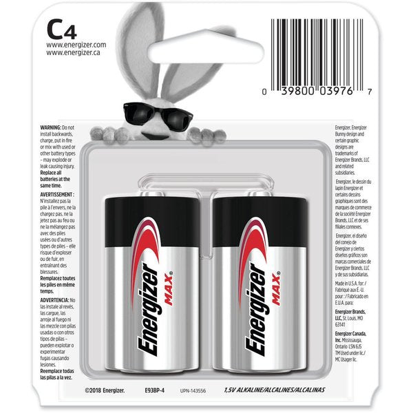 Energizer Max C Alkaline Battery, 1.5V DC, 4 Pack
