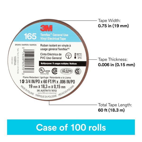 Elec Tape, 60 ft Lx3/4 in W, 6 mil, Brown