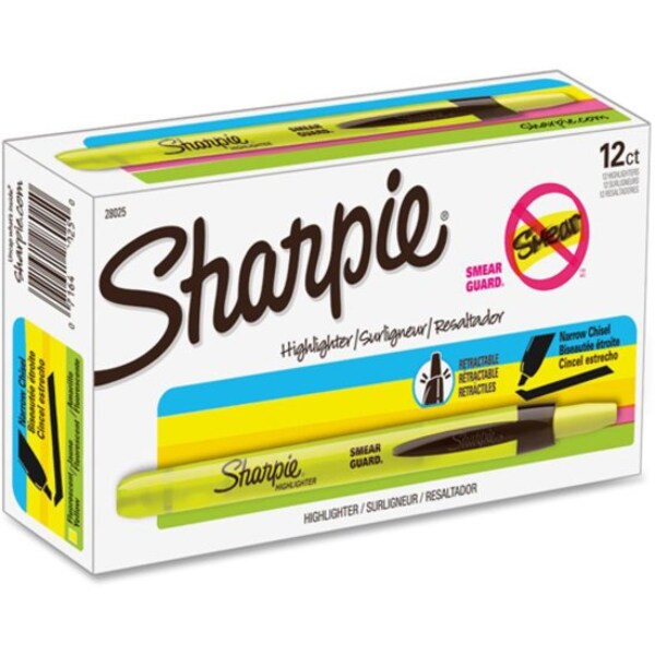 Retractable Highlighter, Micro Chisel Tip Fluorescent Yellow PK12