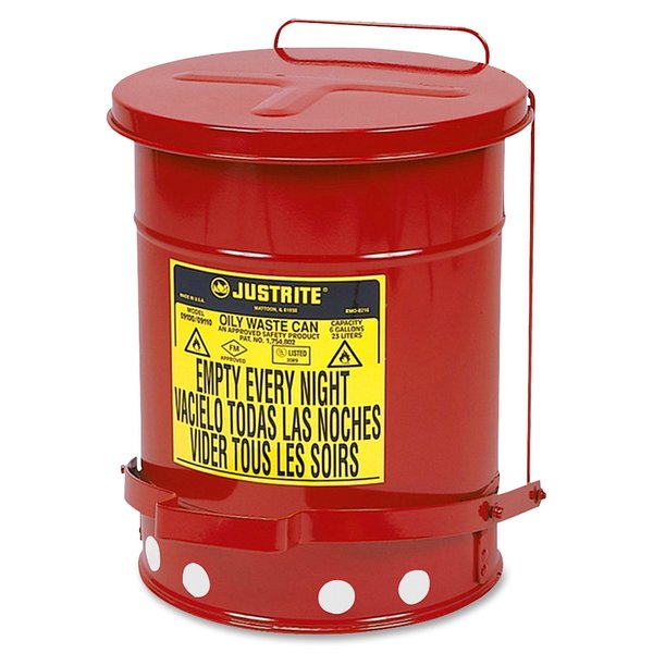 Oily Waste Can, 6 Gallon Capacity, Galvanized Steel, Red, Foot Operated Self Closing
