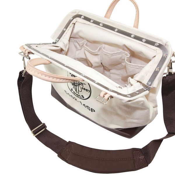 Wide-Mouth Tool Bag, Heavy Duty Canvas, 10 Pockets, Brown/Tan