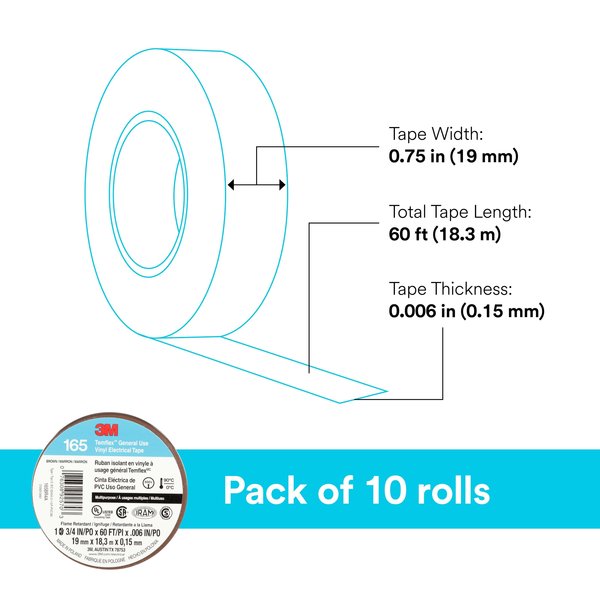 Elec Tape, 60 ft Lx3/4 in W, 6 mil, Brown