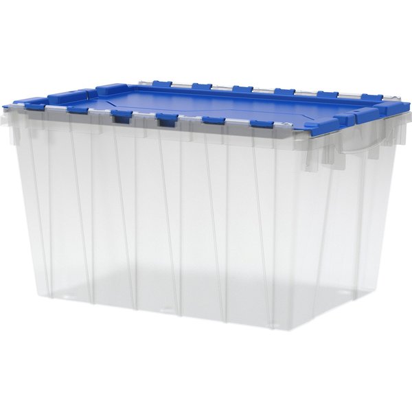 12 gal Attached Lid Container, Blue, Plastic, Steel Hinge