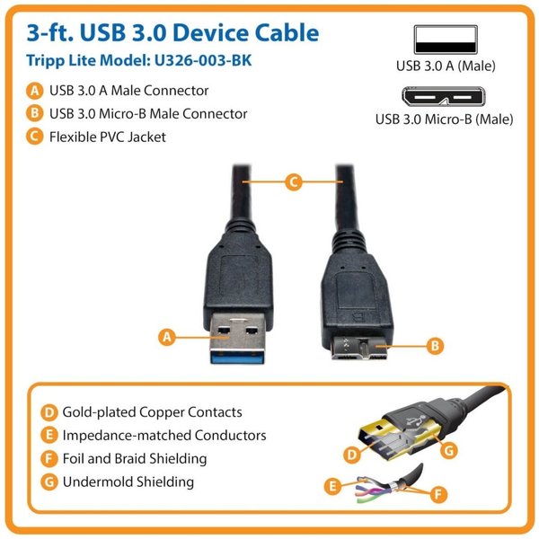 USB 3.0 Cable, SuperSpeed, A, Micro-B, 3ft