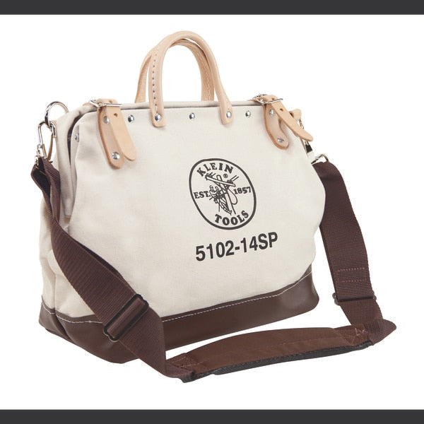 Wide-Mouth Tool Bag, Heavy Duty Canvas, 10 Pockets, Brown/Tan