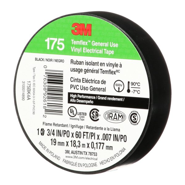 Elec Tape, 60 ft Lx3/4 in W, 7 mil, Black