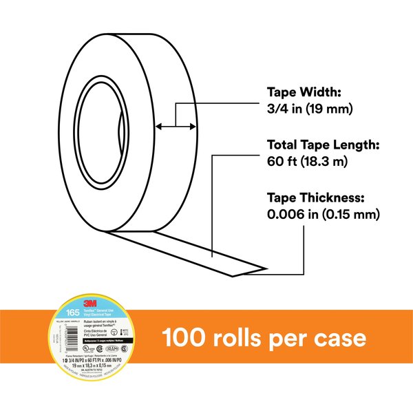 Elec Tape, 60 ft Lx3/4 in W, 6 mil, Yellow