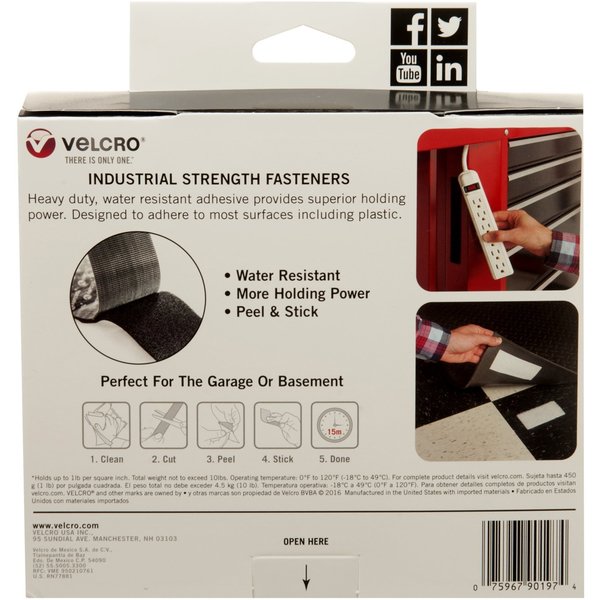 Reclosable Fastener, Rubber Adhesive, 15 ft, 2 in Wd, Black