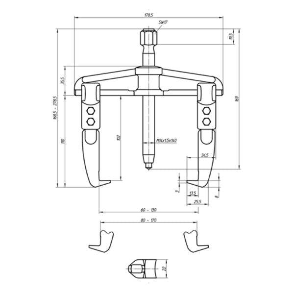 Universal Puller, 2-Arm Pattern, 130 x 100
