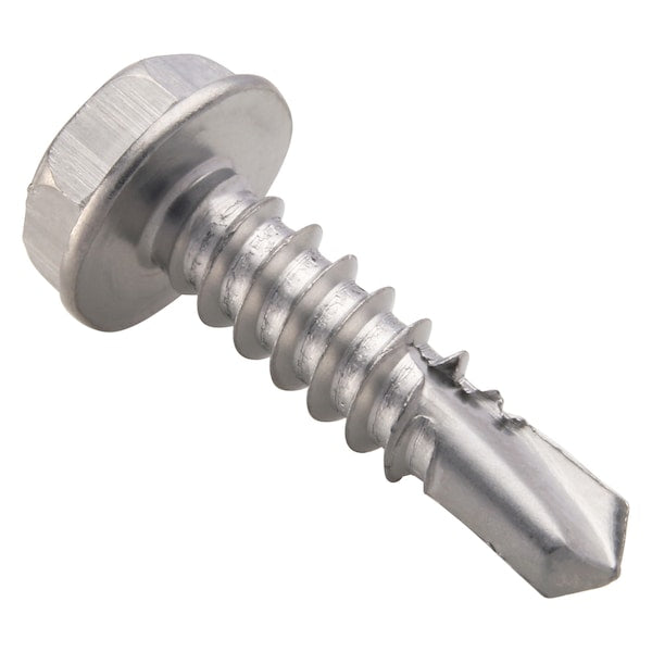 Self-Drilling Screw, #10 x 3/4 in, Plain 410 Stainless Steel Hex Head External Hex Drive, 100 PK