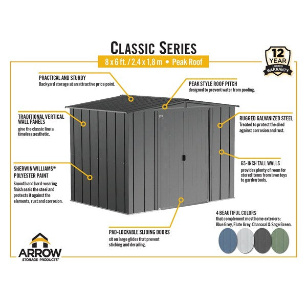 8x6 Classic Steel Storage Shed, Charcoal