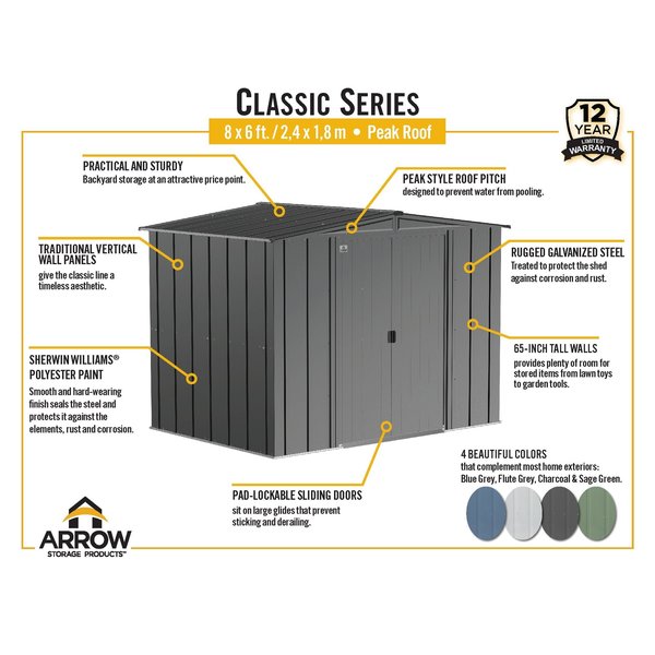 8x6 Classic Steel Storage Shed, Flute Grey