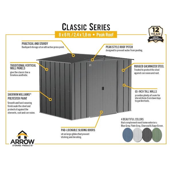 8x6 Classic Steel Storage Shed, Blue Grey