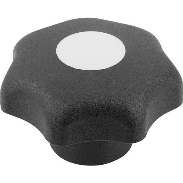 Star Grip, DIN 6336 Similar, D=6, D1= 32, Drilled Bushing, Steel, Black Plastic, Cap: Gray
