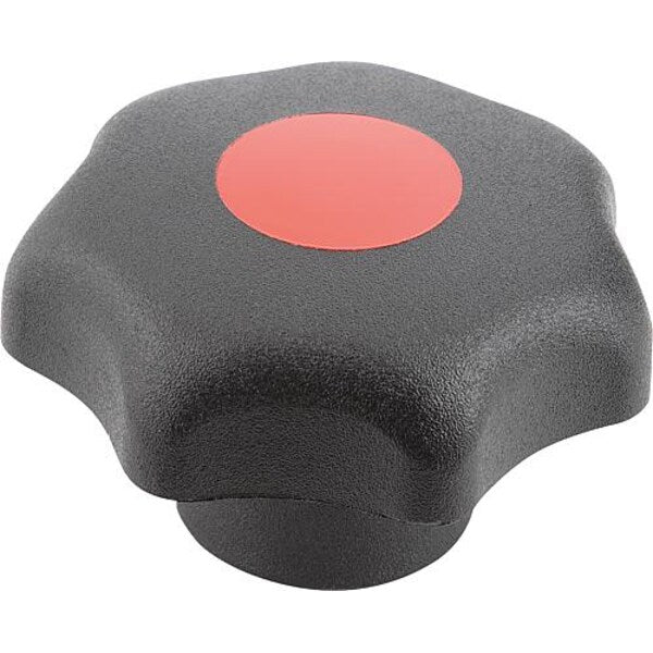 Star Grip, DIN 6336 Similar, D=6, D1= 32, Drilled Bushing, Steel, Black Plastic, Cap: Red