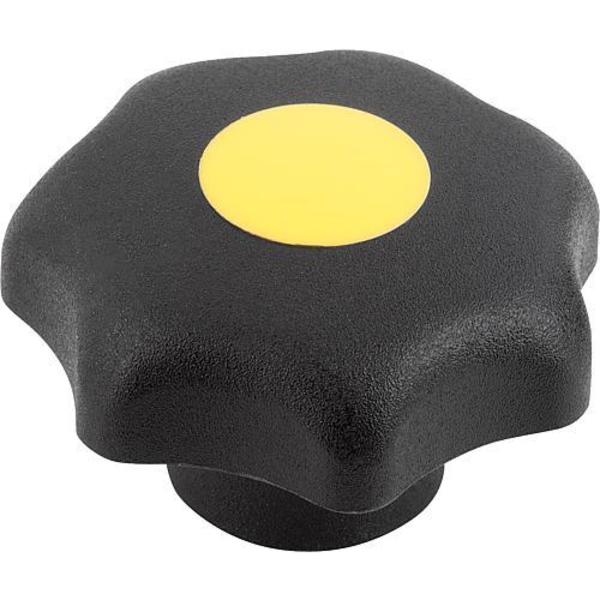 Star Grip, DIN 6336 Similar, D=6, D1= 32, Drilled Bushing, Steel, Black Plastic, Cap: Yellow