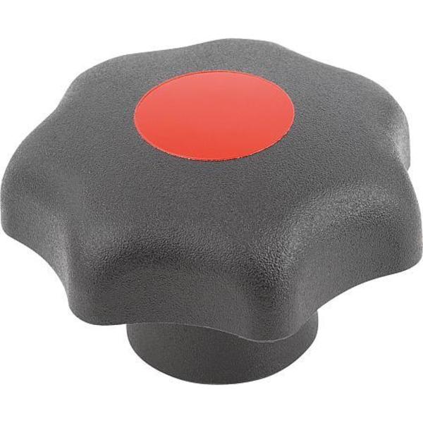 Star Grip, DIN 6336 Similar, D=M06, D1= 32, Tapped Bushing, Steel, Black Plastic, Cap: Red