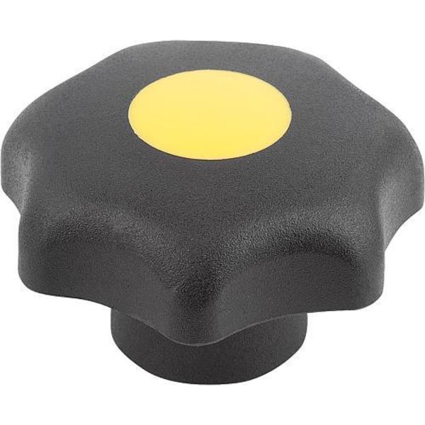 Star Grip, DIN 6336 Similar, D=M06, D1= 32, Tapped Bushing, Steel, Black Plastic, Cap: Yellow