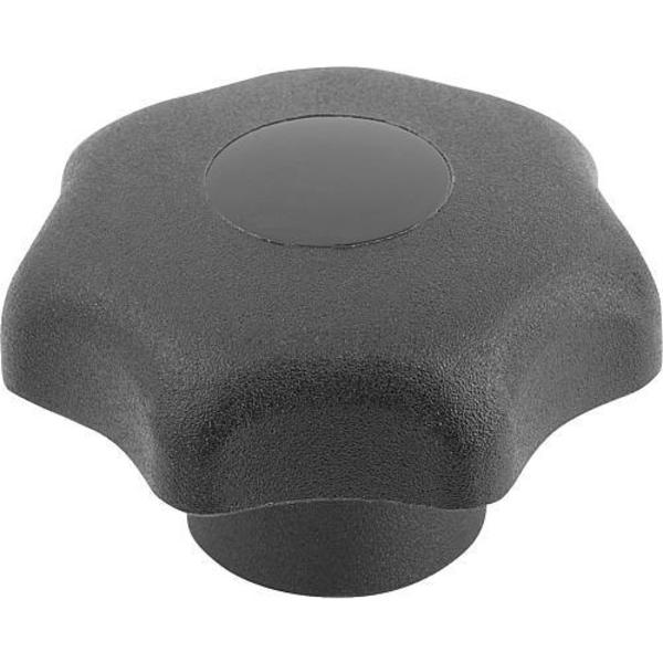 Star Grip, DIN 6336 Similar, D=M05, D1= 32, Tapped Bushing, Steel, Black Plastic, Cap: Black