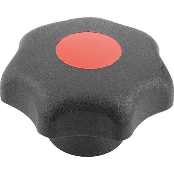 Star Grip, DIN 6336 Similar, D=0,188, D1= 25, Drilled Through, Entirely Plastic, Black, Cap: Red