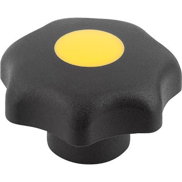 Star Grip, DIN 6336 Similar, D=0,188, D1= 25, Drilled Through, Entirely Plastic, Black, Cap: Yellow