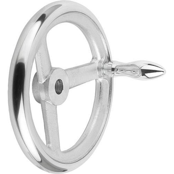 Handwheel, DIN 950, Aluminum 3-spoke, Diameter= 160 mm, Bore D2= 14 mm, Revolving Handle