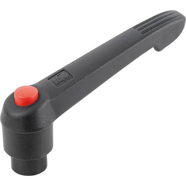 Adjustable Handle With Push Button, Size: 1, 10-24, Plastic Black, Comp: Steel, Button: Red