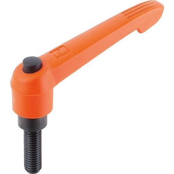 Adjustable Handle With Push Button, Size: 1, M06X15, Plastic Orange, Comp: Steel, Button: Black