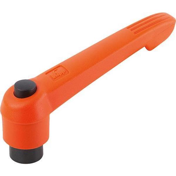 Adjustable Handle With Push Button, Size: 5, M12, Plastic Orange, Comp: Steel, Button: Black