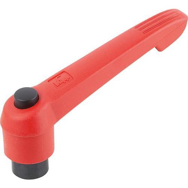 Adjustable Handle With Push Button, Size: 2, 5/16-18, Plastic Red, Comp: Steel, Button: Black