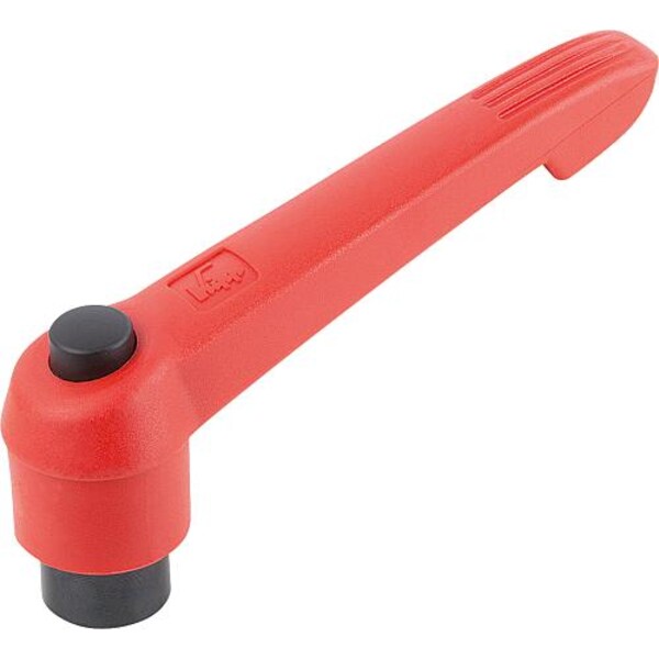Adjustable Handle With Push Button, Size: 3, 3/8-16, Plastic Red, Comp: Steel, Button: Black