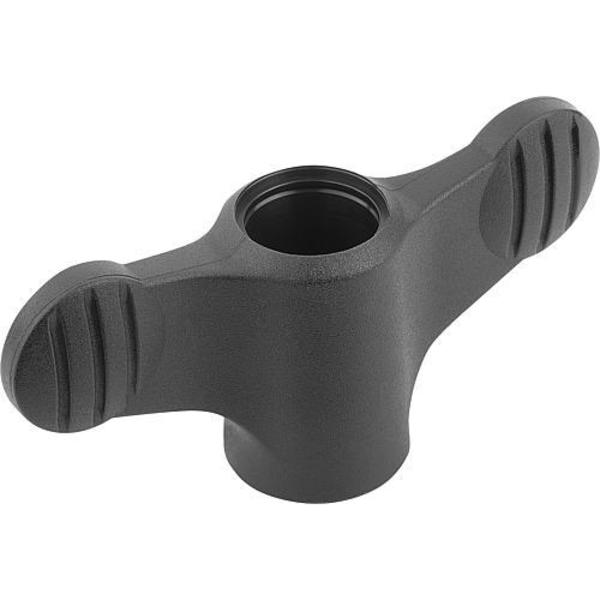 Wing Grip D=M04 Tapped Through Thread A=38, H=18, Form: D, Plastic Black, Comp: Stainless Steel