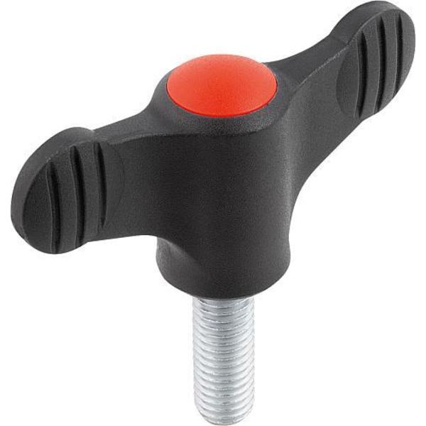 Wing Grip D=M08X20 A=75, H=35, 6, Form: L, Plastic Black, Comp: Steel, Blue-Passivated